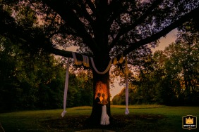 At Avonlea Farm, VA, following their ceremony, the couple pauses to pose against a large, striking tree highlighted by a spotlight positioned behind them.